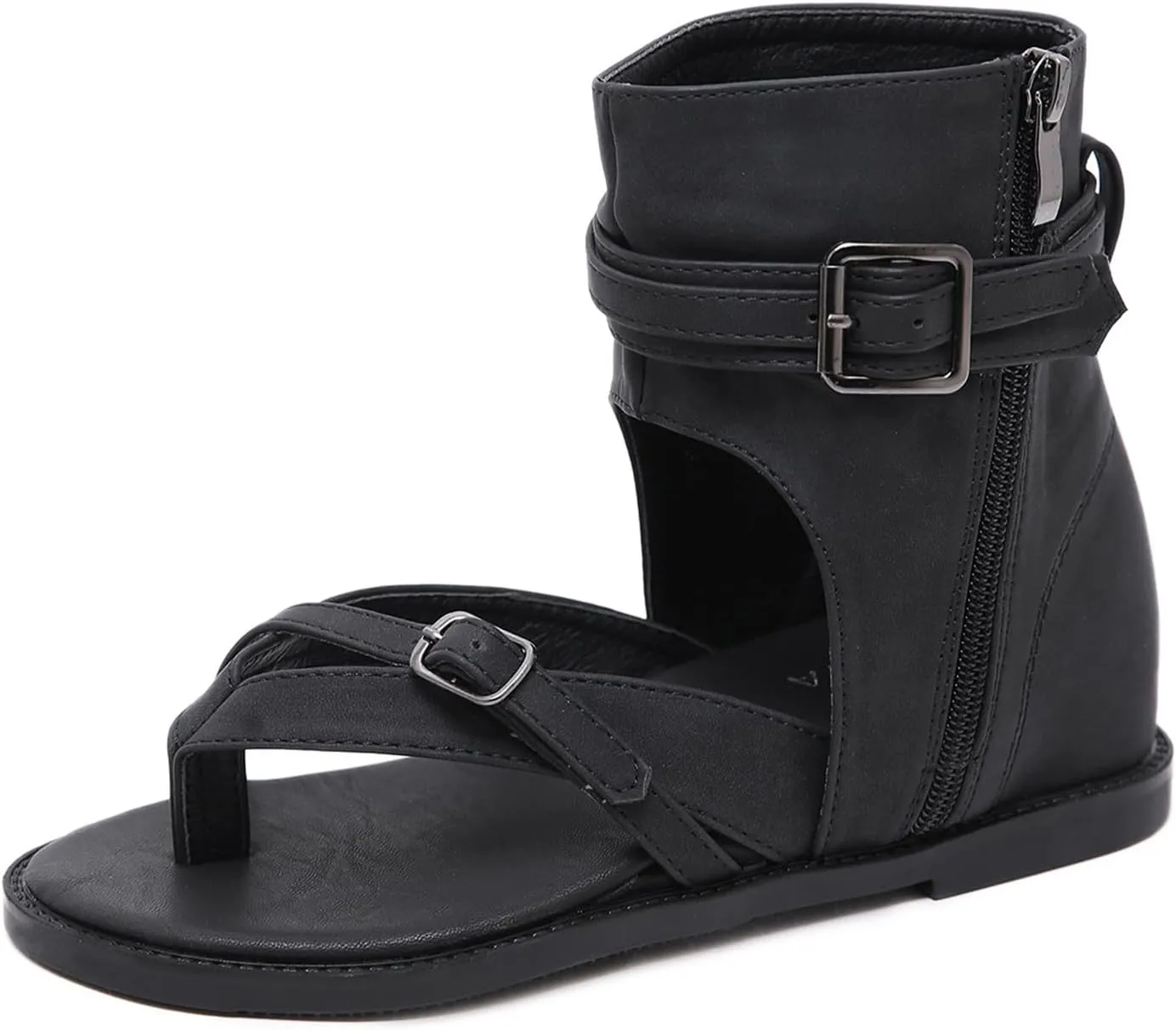 Women'S Strappy High Top Clip Toe Flat Roman Sandals with Denim Belt Buckle Retro Boho Gladiator Flip Flops Sandals with Side Zippers Boots Casual Cowboy Y2k Sandals