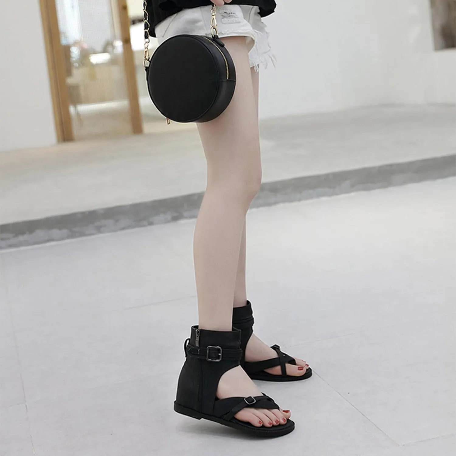 Women'S Strappy High Top Clip Toe Flat Roman Sandals with Denim Belt Buckle Retro Boho Gladiator Flip Flops Sandals with Side Zippers Boots Casual Cowboy Y2k Sandals