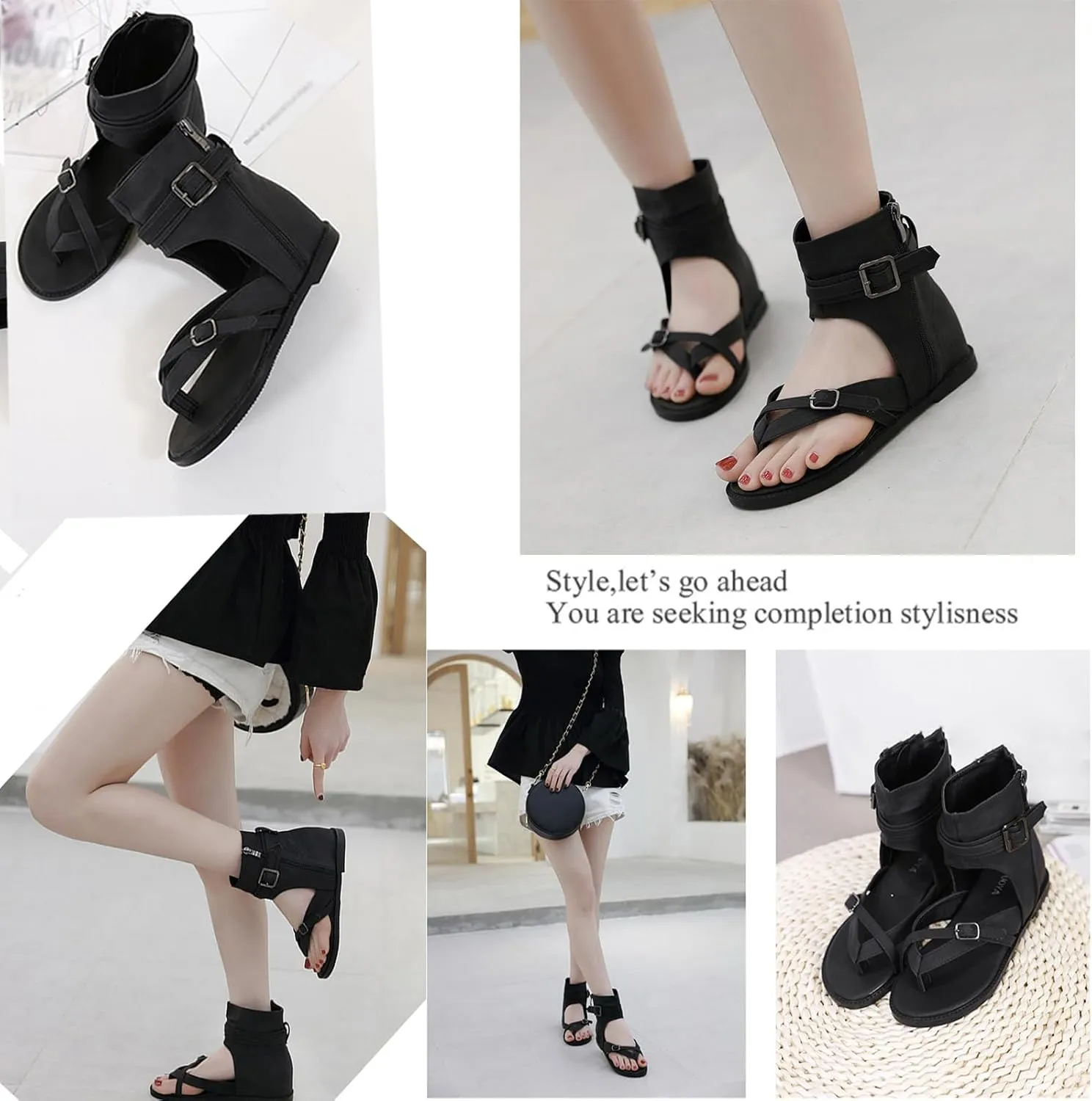 Women'S Strappy High Top Clip Toe Flat Roman Sandals with Denim Belt Buckle Retro Boho Gladiator Flip Flops Sandals with Side Zippers Boots Casual Cowboy Y2k Sandals