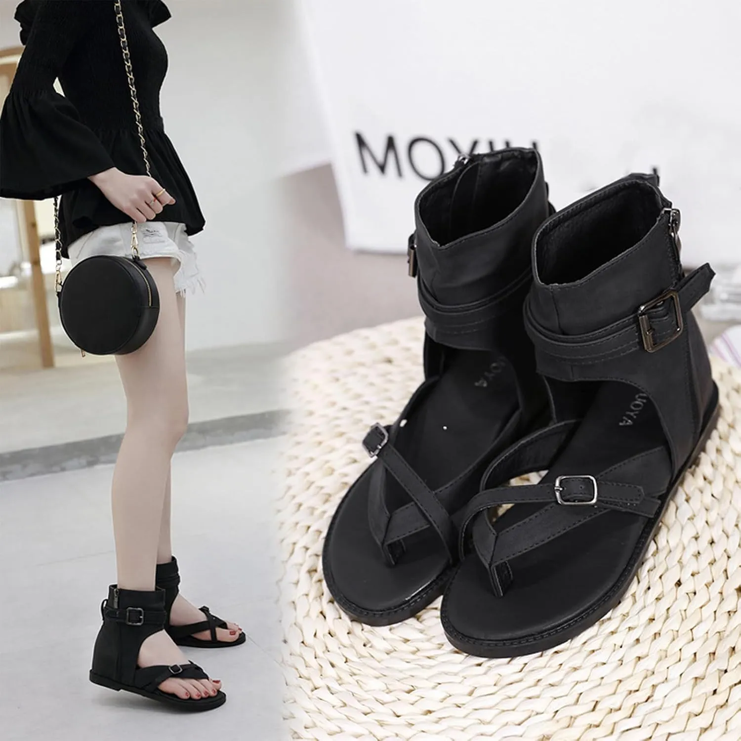 Women'S Strappy High Top Clip Toe Flat Roman Sandals with Denim Belt Buckle Retro Boho Gladiator Flip Flops Sandals with Side Zippers Boots Casual Cowboy Y2k Sandals
