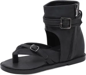 Women'S Strappy High Top Clip Toe Flat Roman Sandals with Denim Belt Buckle Retro Boho Gladiator Flip Flops Sandals with Side Zippers Boots Casual Cowboy Y2k Sandals