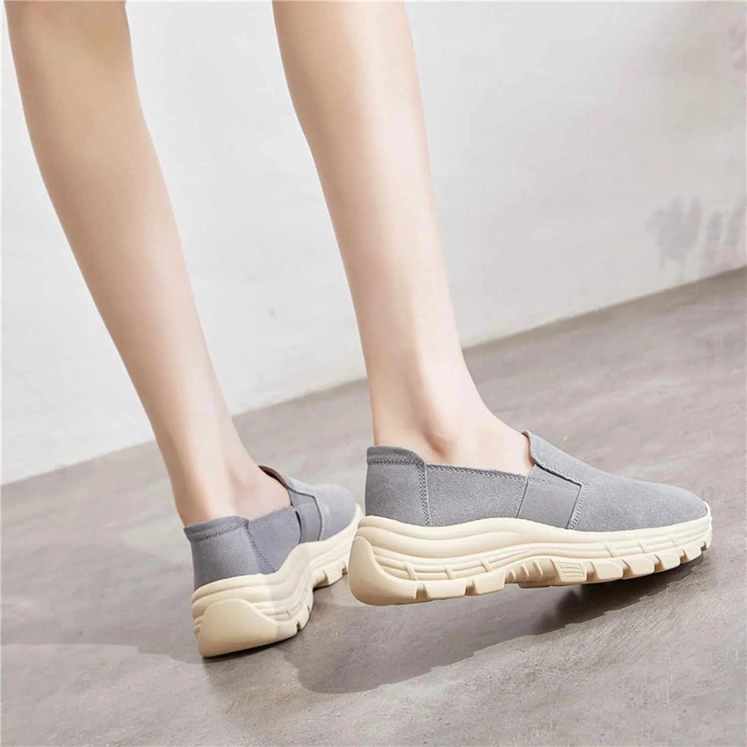 Women's Suede Lug Sole Slip-on Penny Loafers with Arch Support,Fashion Round Toe Platform Non-Slip Casual Sneakers Comfort Walking Shoes