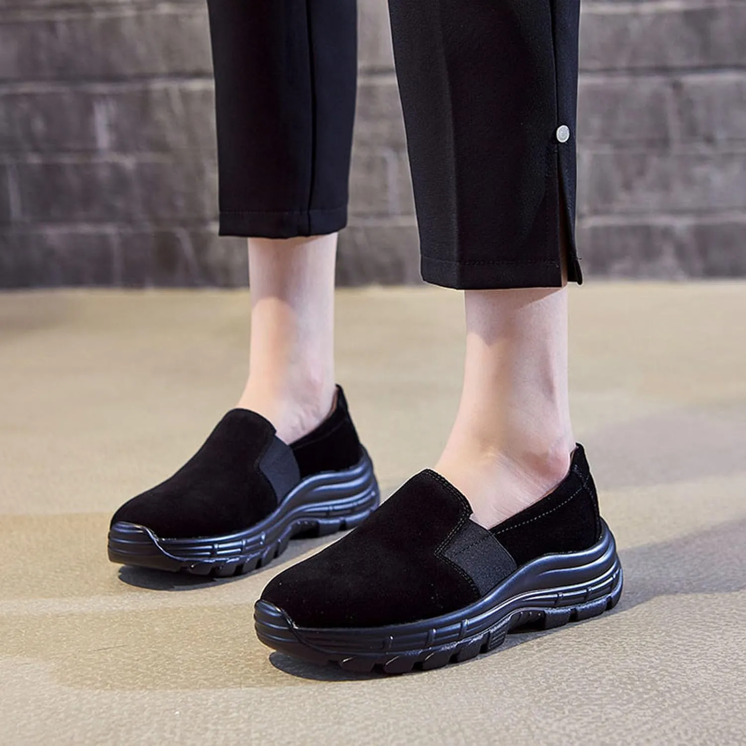 Women's Suede Lug Sole Slip-on Penny Loafers with Arch Support,Fashion Round Toe Platform Non-Slip Casual Sneakers Comfort Walking Shoes