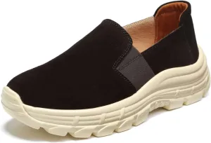 Women's Suede Lug Sole Slip-on Penny Loafers with Arch Support,Fashion Round Toe Platform Non-Slip Casual Sneakers Comfort Walking Shoes