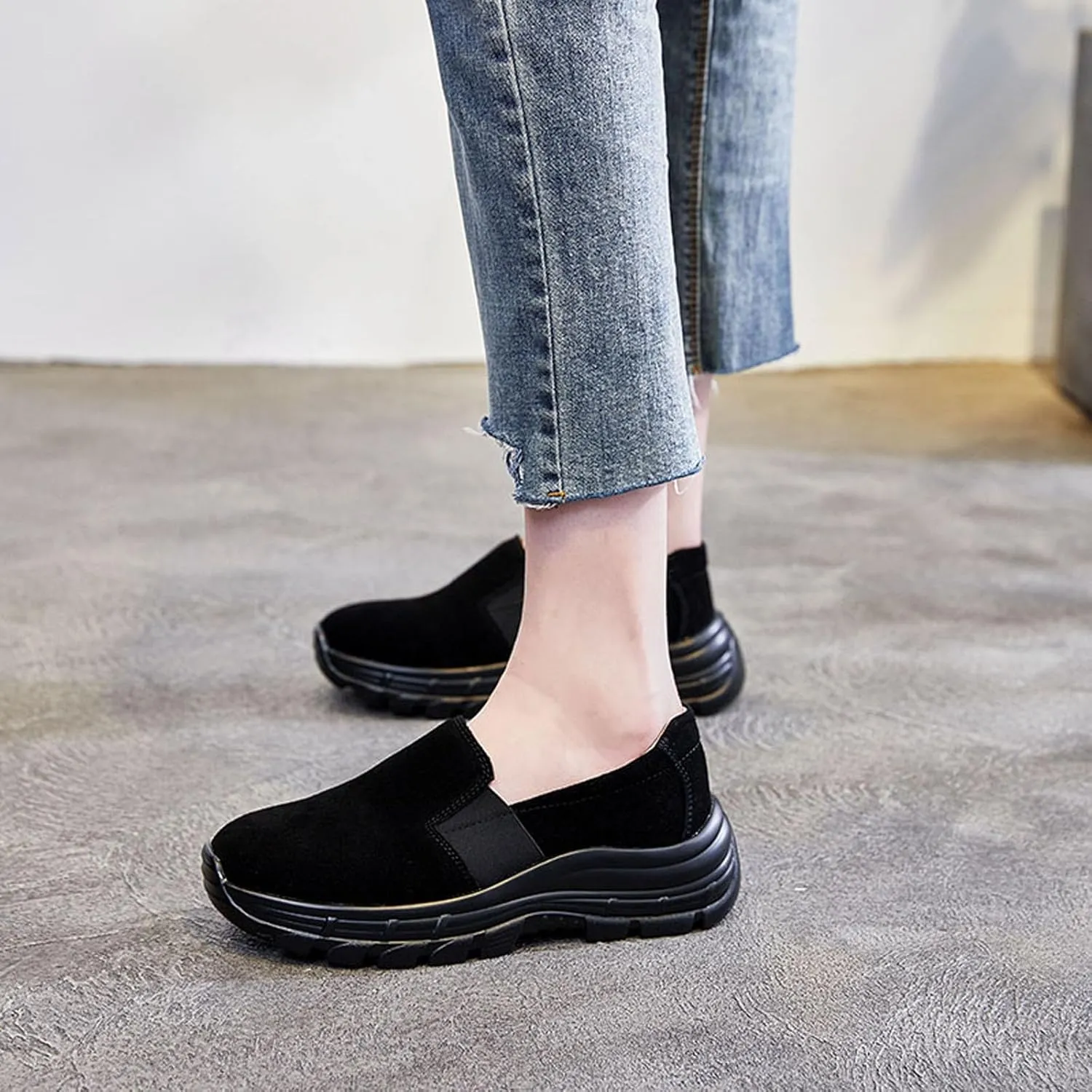 Women's Suede Lug Sole Slip-on Penny Loafers with Arch Support,Fashion Round Toe Platform Non-Slip Casual Sneakers Comfort Walking Shoes