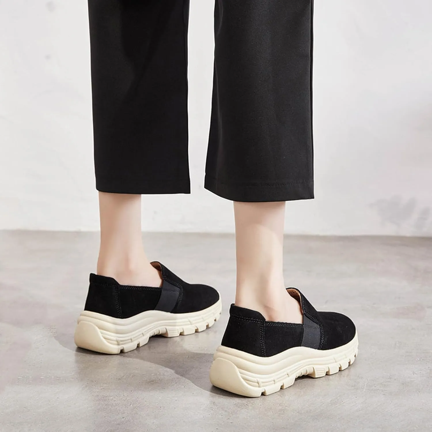 Women's Suede Lug Sole Slip-on Penny Loafers with Arch Support,Fashion Round Toe Platform Non-Slip Casual Sneakers Comfort Walking Shoes