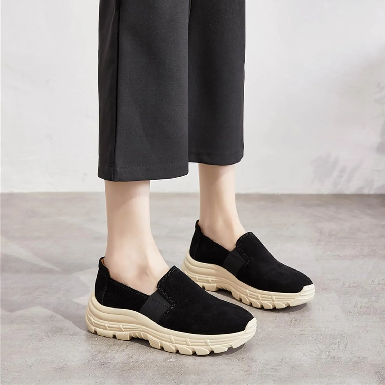 Women's Suede Lug Sole Slip-on Penny Loafers with Arch Support,Fashion Round Toe Platform Non-Slip Casual Sneakers Comfort Walking Shoes
