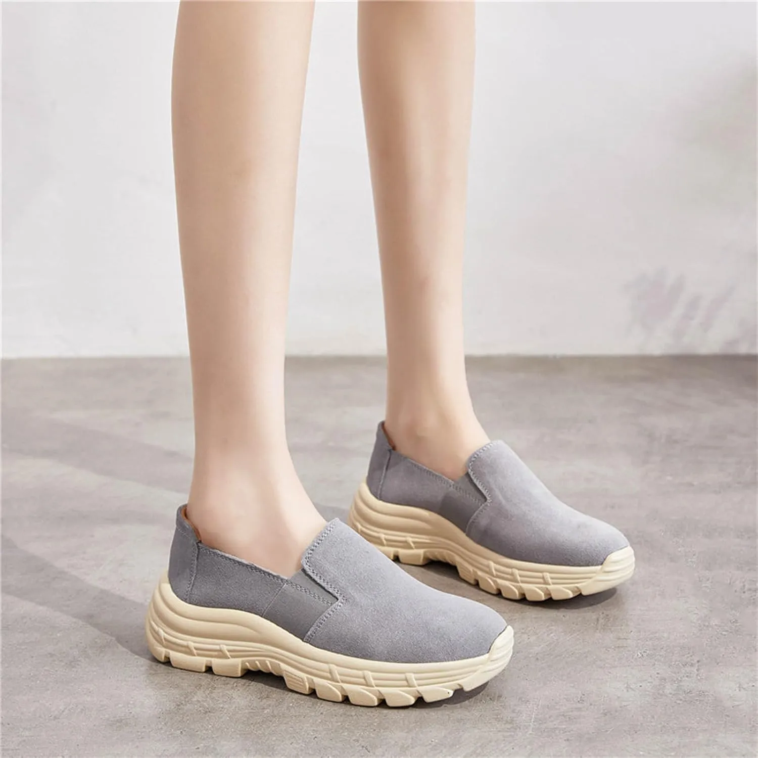 Women's Suede Lug Sole Slip-on Penny Loafers with Arch Support,Fashion Round Toe Platform Non-Slip Casual Sneakers Comfort Walking Shoes