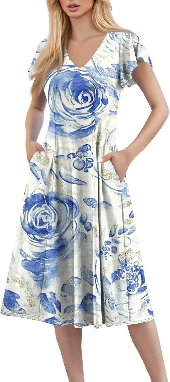 Women's Summer Casual Striped Midi Dress with Ruffle Sleeves and V-Neck Tiered Hem Lightweight and Breathable