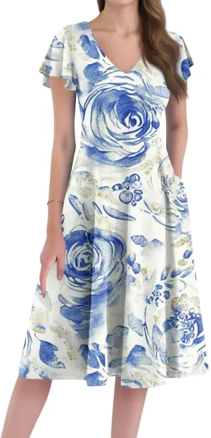 Women's Summer Casual Striped Midi Dress with Ruffle Sleeves and V-Neck Tiered Hem Lightweight and Breathable