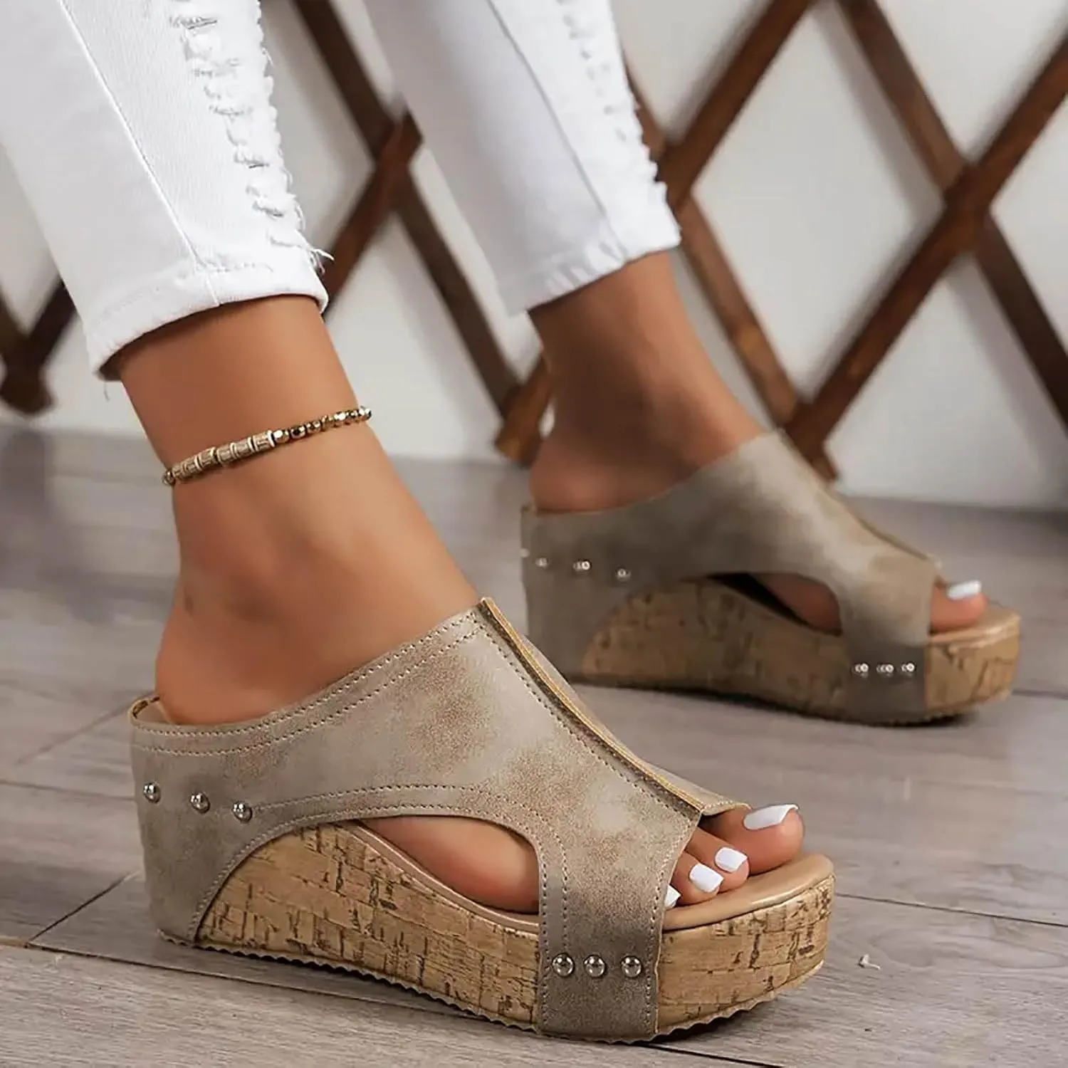 Womens Summer Sandals Peep Toe Slip On Wedge Slides Cut Out Boho Leather Platform Sandal Comfortable High Heeled Shoes