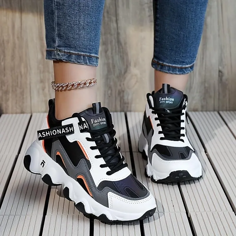 Womens Waterproof Thermal Chunky Sneakers - Durable Non-Slip Sole, Stylish Colorblock Design, Comfortable Lace-up Winter Shoes for All-Weather Wear