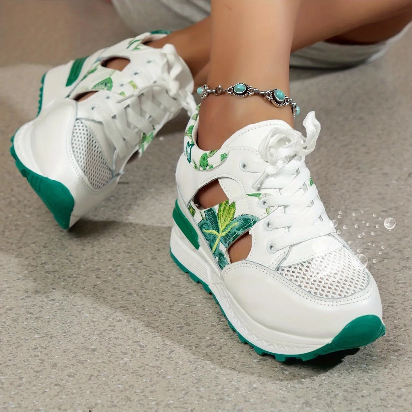 Women's Wedge Sandals, Leaf Embroidered Mesh Sports Sandals, Lace Up Thick Soled Comfort Casual Sneakers