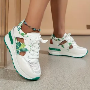 Women's Wedge Sandals, Leaf Embroidered Mesh Sports Sandals, Lace Up Thick Soled Comfort Casual Sneakers
