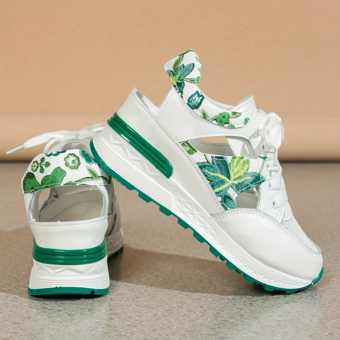 Women's Wedge Sandals, Leaf Embroidered Mesh Sports Sandals, Lace Up Thick Soled Comfort Casual Sneakers