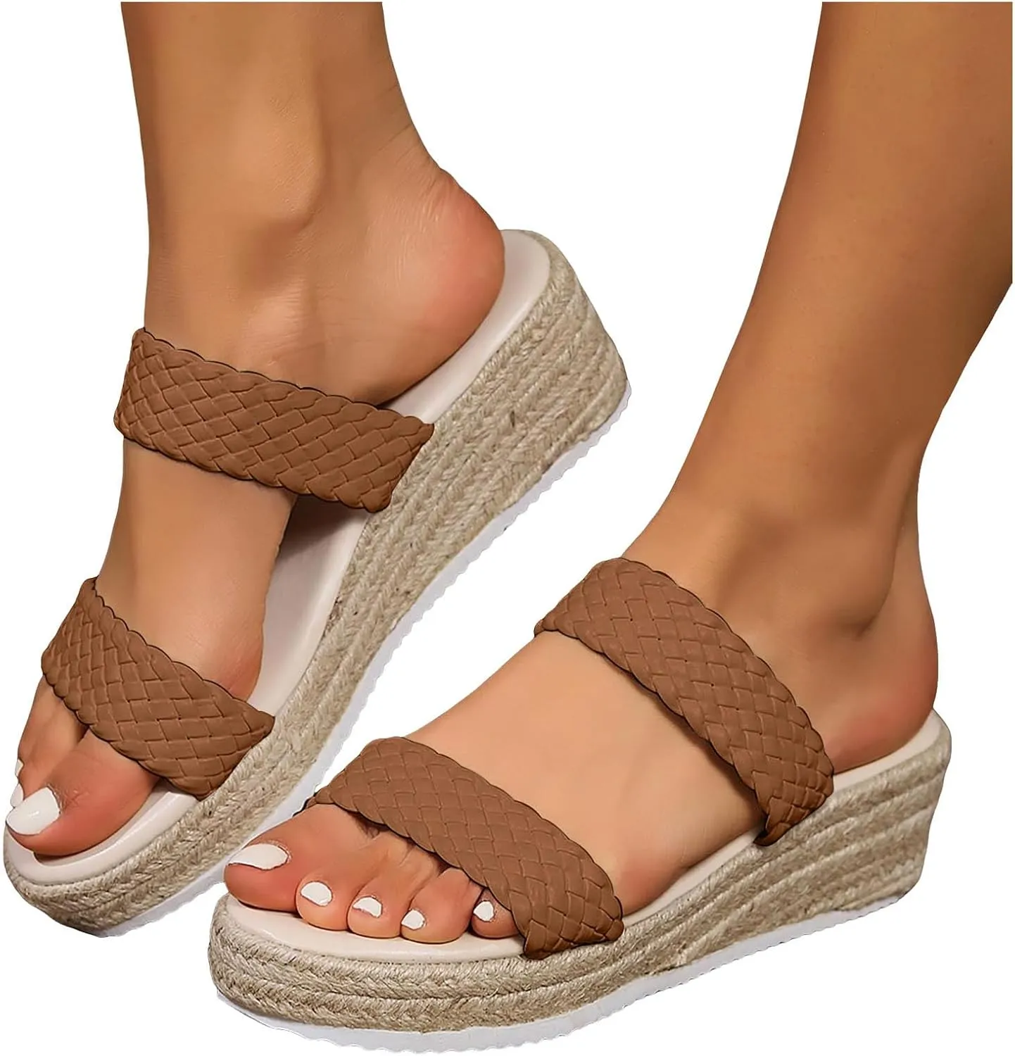 Womens Wedge Sandals Tassel Trim Sandals With Woven Straps Platform Wedge Heel Rope Sole Boho Toe Ring Slip On