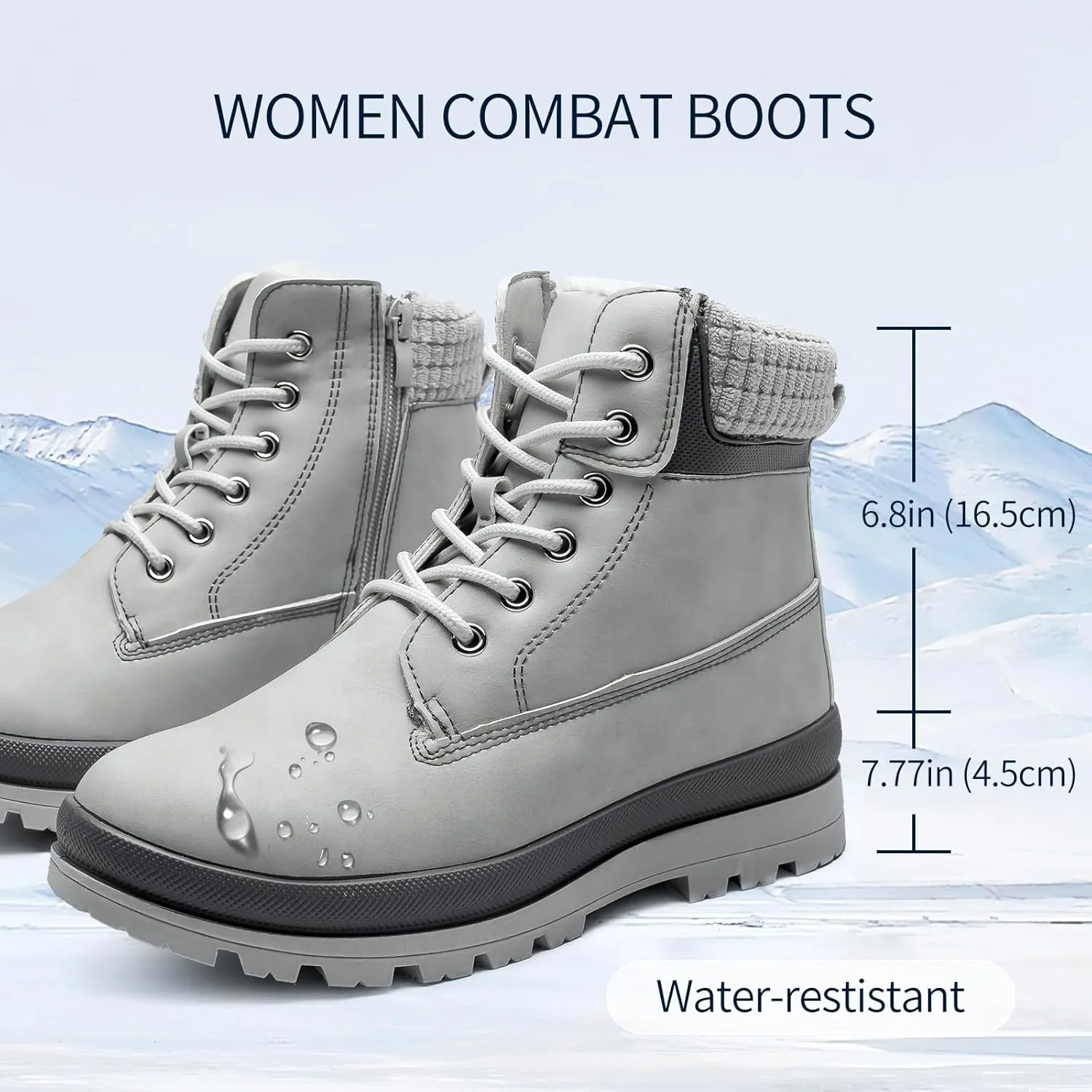 Womens White Winter Snow Boots Combat Boots for women Waterproof Fur Lined Ankle Booties Non Slip Fuzzy Warm Platform Boots Lace Up Hiking boots with Zipper