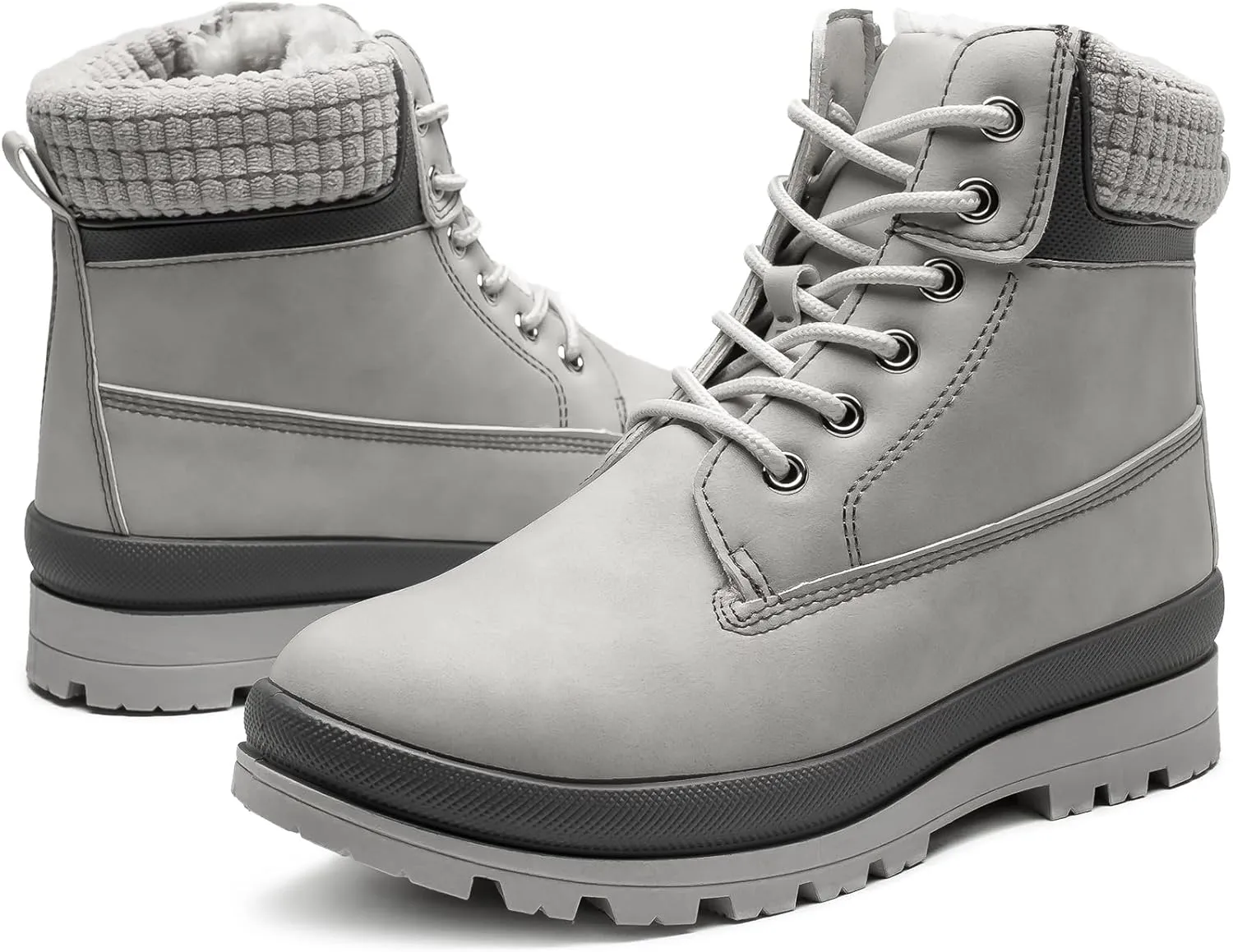Womens White Winter Snow Boots Combat Boots for women Waterproof Fur Lined Ankle Booties Non Slip Fuzzy Warm Platform Boots Lace Up Hiking boots with Zipper