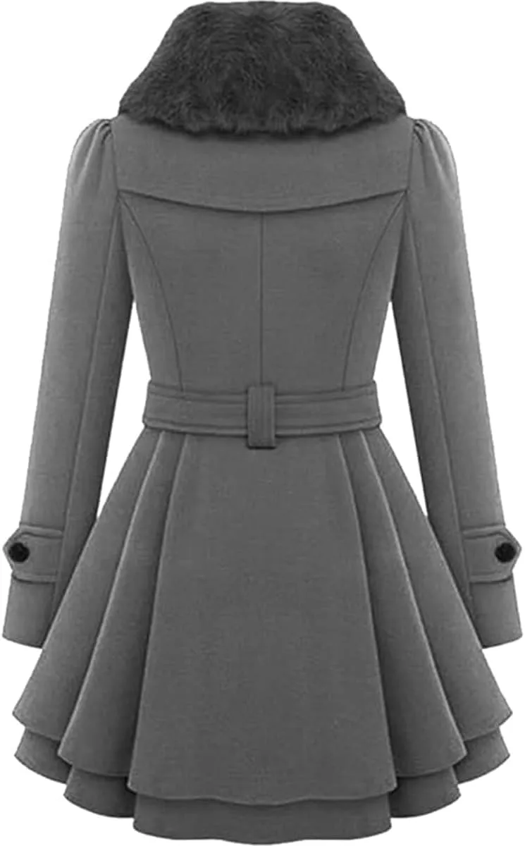 Women's Winter Fashion Trench Double-Breasted Faux Fur Lapel Wool Casual Warm Jacket with Belt Pea Coat