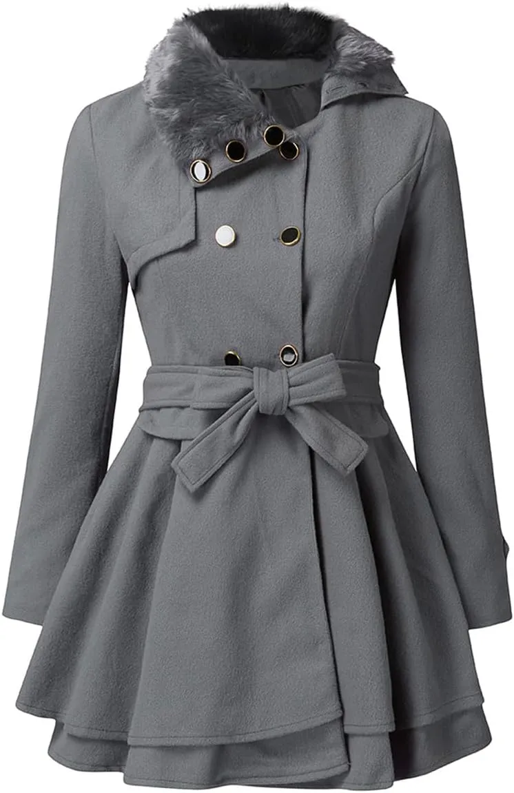 Women's Winter Fashion Trench Double-Breasted Faux Fur Lapel Wool Casual Warm Jacket with Belt Pea Coat