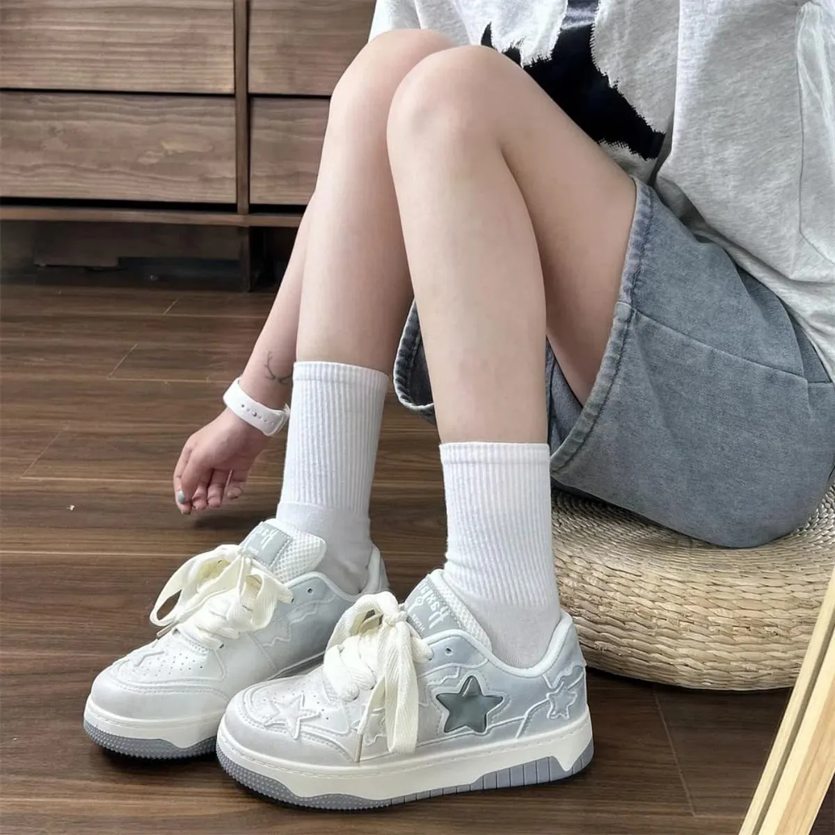 Women's Y2K Walking Sneakers, Chic Star Patch White Shoes, Pastel Block Colors Teens Girls Casual Daily Wear Height Boost