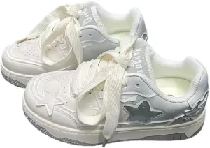 Women's Y2K Walking Sneakers, Chic Star Patch White Shoes, Pastel Block Colors Teens Girls Casual Daily Wear Height Boost