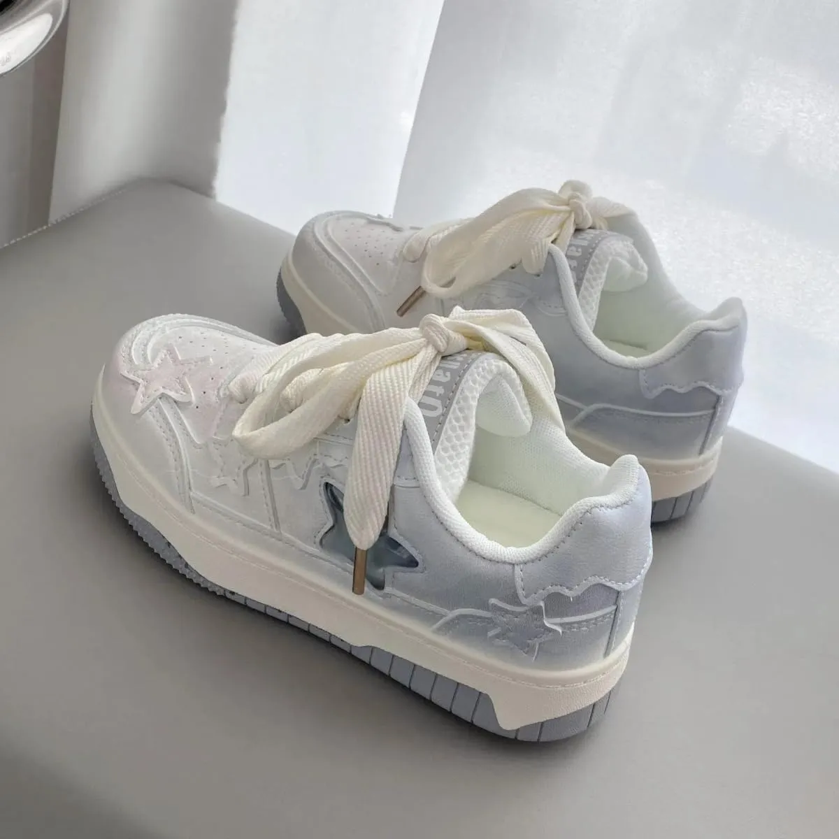 Women's Y2K Walking Sneakers, Chic Star Patch White Shoes, Pastel Block Colors Teens Girls Casual Daily Wear Height Boost