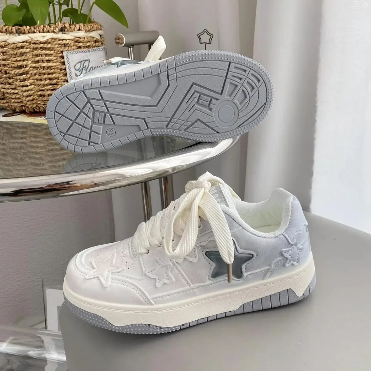 Women's Y2K Walking Sneakers, Chic Star Patch White Shoes, Pastel Block Colors Teens Girls Casual Daily Wear Height Boost