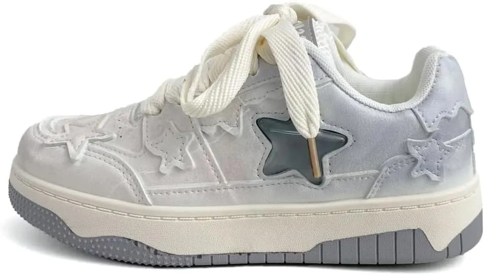 Women's Y2K Walking Sneakers, Chic Star Patch White Shoes, Pastel Block Colors Teens Girls Casual Daily Wear Height Boost