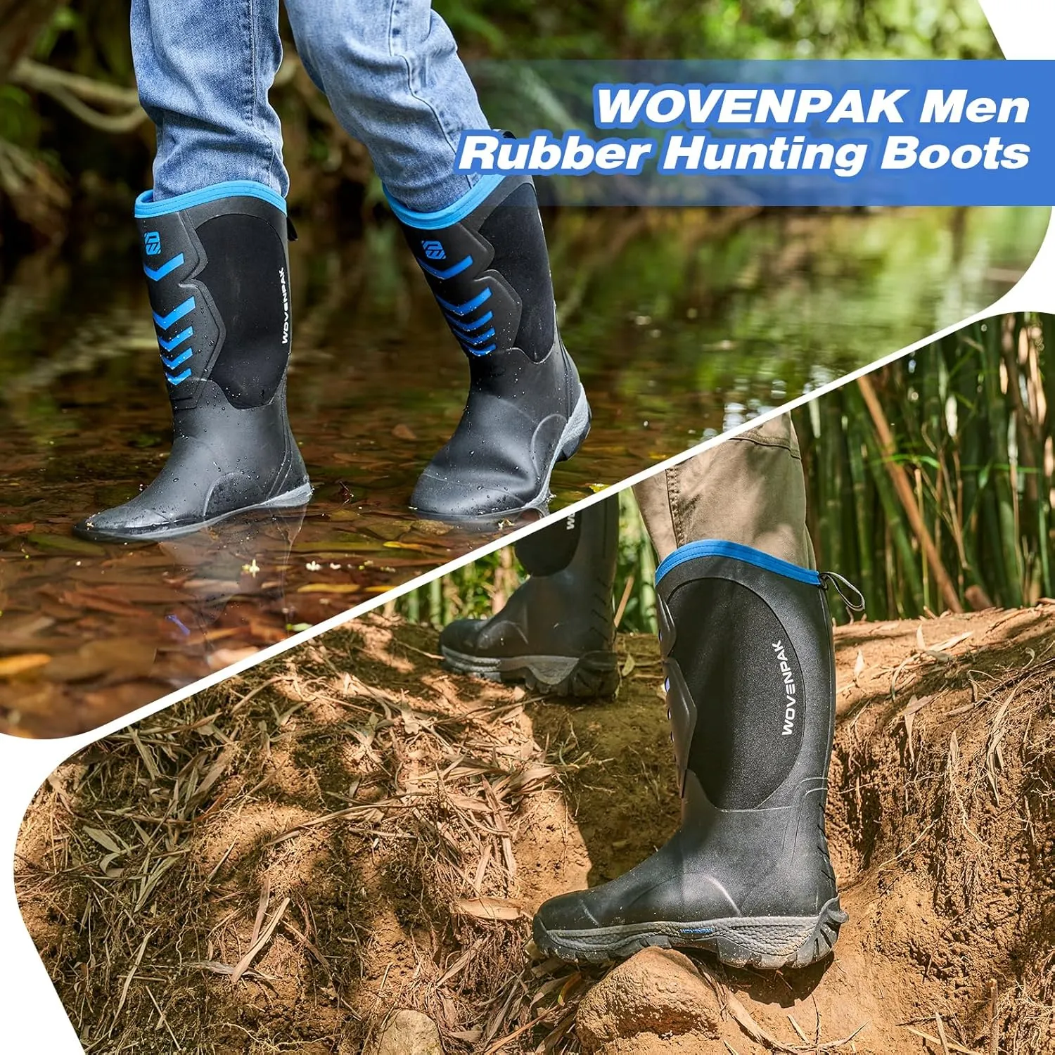 WOVENPAK Rubber Boots for Men, Mens Boots Waterproof Insulated Hunting Boots with Steel Shank, Neoprene Rubber Work Mud Boots Outdoor All Season, Size 6-13