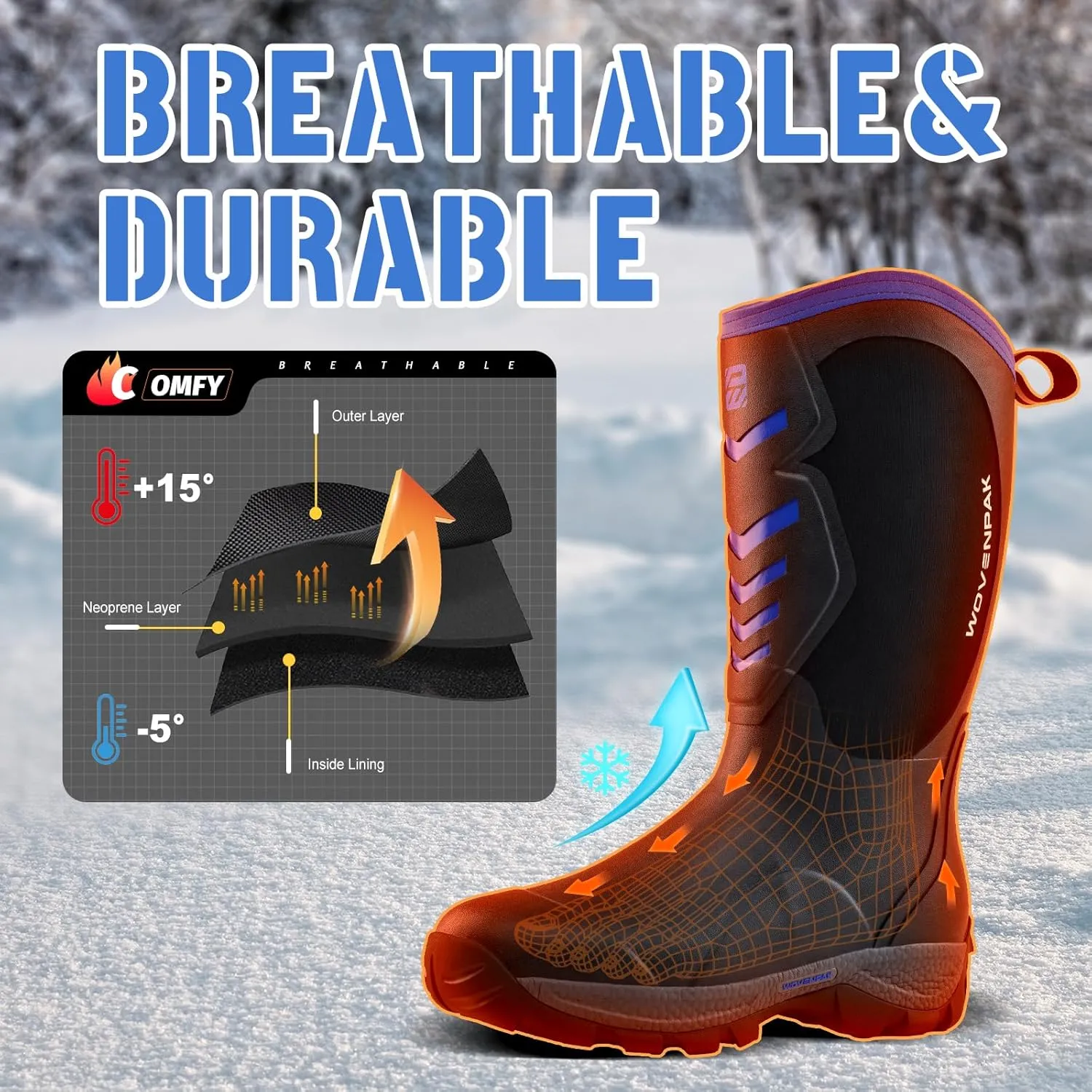 WOVENPAK Rubber Boots for Men, Mens Boots Waterproof Insulated Hunting Boots with Steel Shank, Neoprene Rubber Work Mud Boots Outdoor All Season, Size 6-13