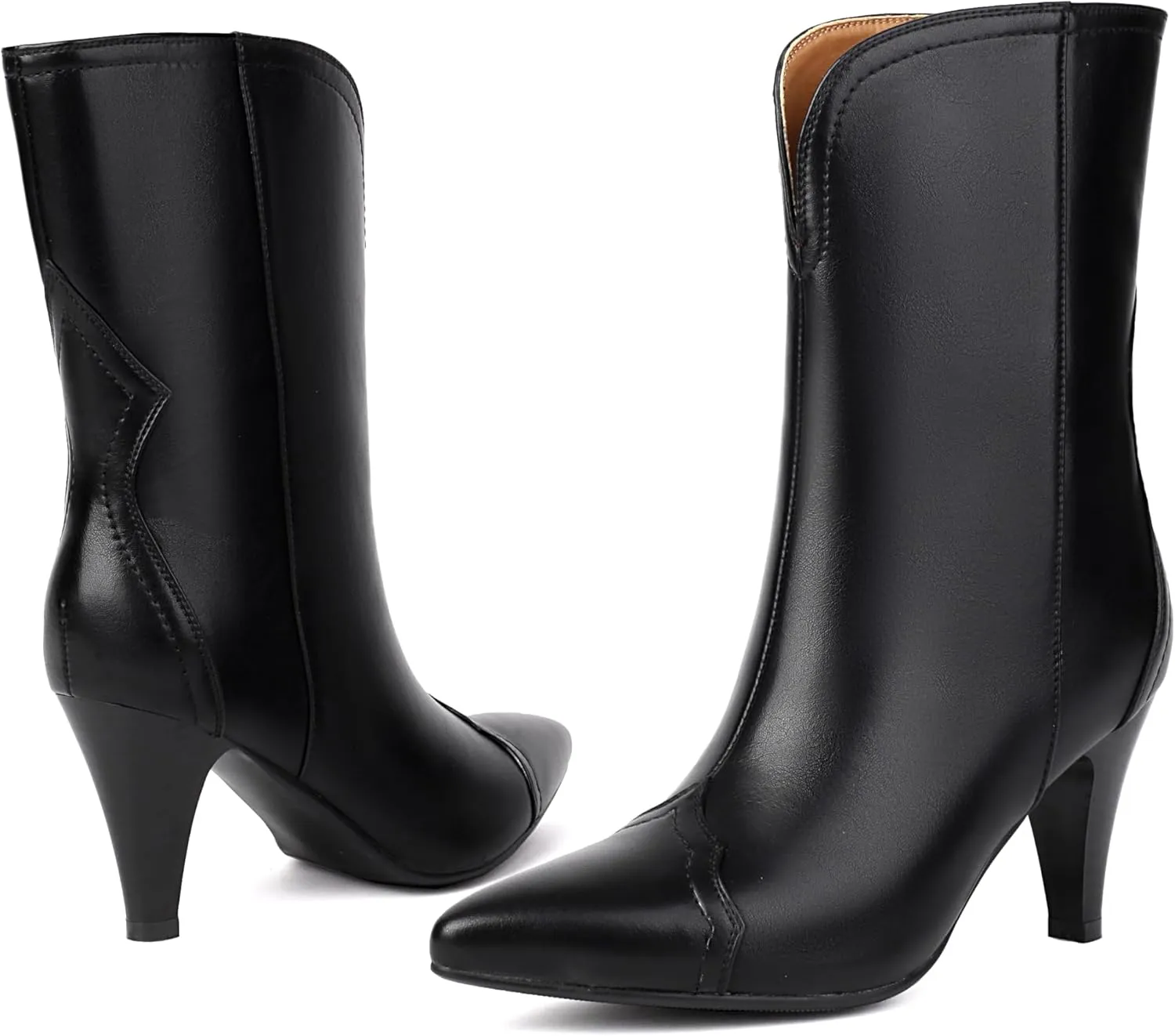 XIEDA Women's Mid Calf High Heel Boots Pointed Toe Pull On Fashion Heeled Boots