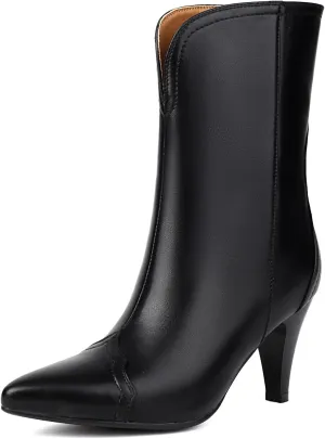 XIEDA Women's Mid Calf High Heel Boots Pointed Toe Pull On Fashion Heeled Boots