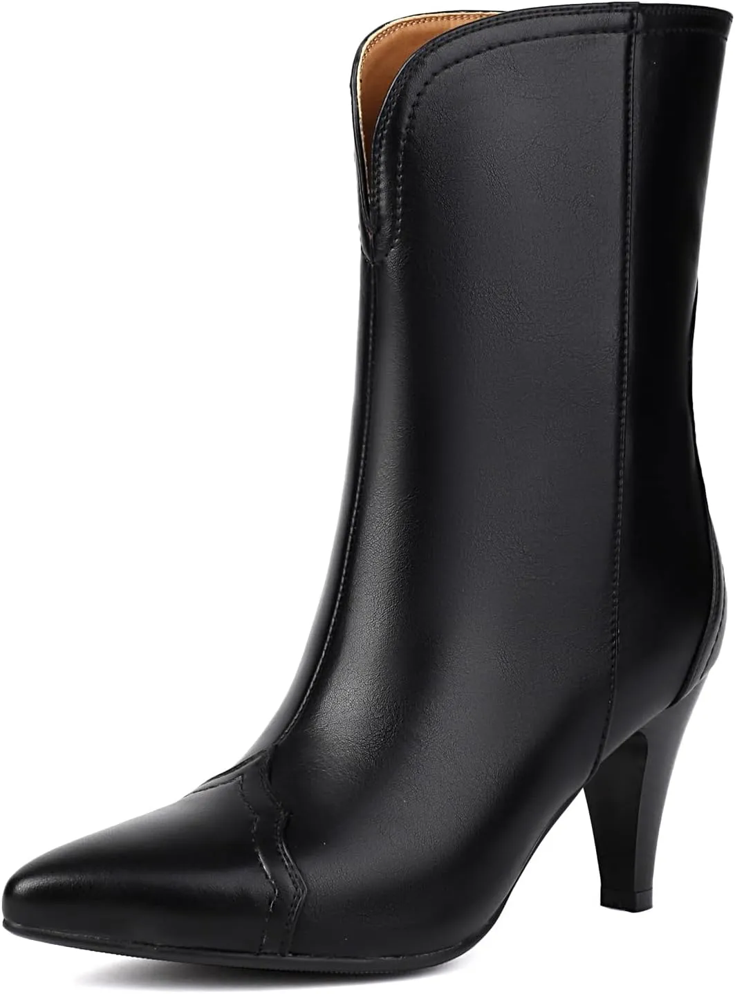 XIEDA Women's Mid Calf High Heel Boots Pointed Toe Pull On Fashion Heeled Boots