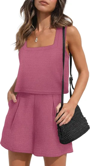 XIEERDUO Two Piece Summer Sets with Pocket Pink Outfits for Women Beach Outfits for Women 2024 S