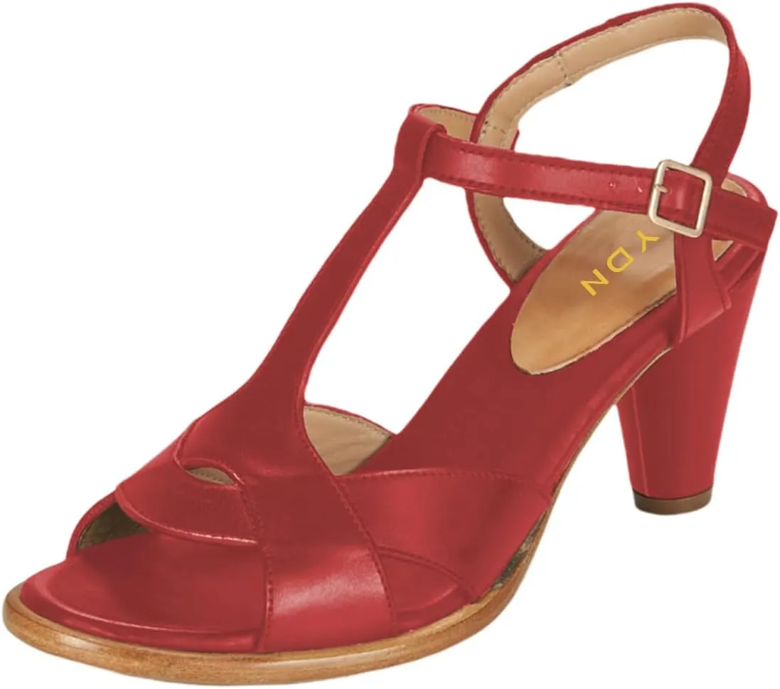 YDN Women Stylish T-Strap Buckle High Heeled Sandals Open Toe Cone Heels Strappy Shoes for Daily Event Dress Size 4-16 US