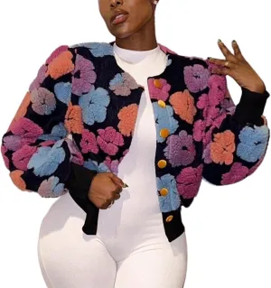 Yimoon Womens Cropped Floral Print Jacket Puff Sleeve Fleece Bomber Jacket Button Down Fall Winter Warm Outerwear