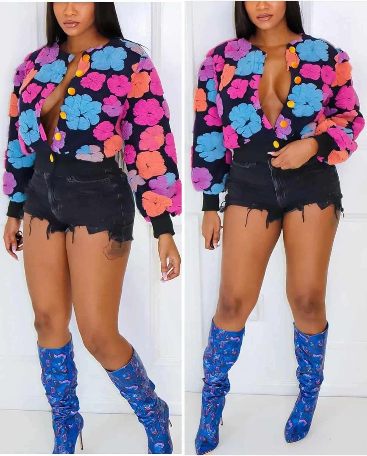 Yimoon Womens Cropped Floral Print Jacket Puff Sleeve Fleece Bomber Jacket Button Down Fall Winter Warm Outerwear
