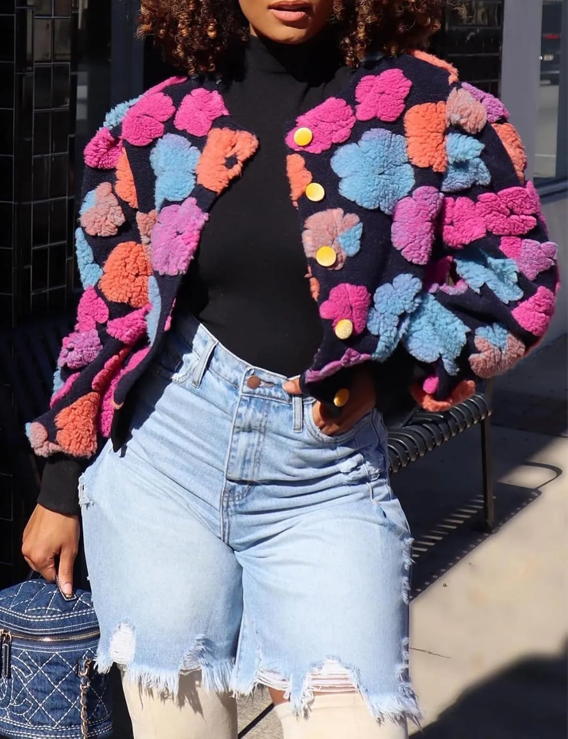 Yimoon Womens Cropped Floral Print Jacket Puff Sleeve Fleece Bomber Jacket Button Down Fall Winter Warm Outerwear