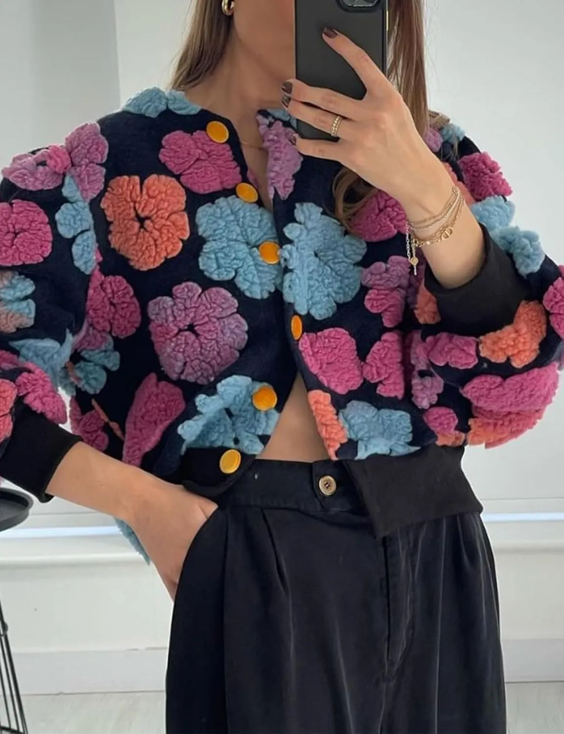 Yimoon Womens Cropped Floral Print Jacket Puff Sleeve Fleece Bomber Jacket Button Down Fall Winter Warm Outerwear