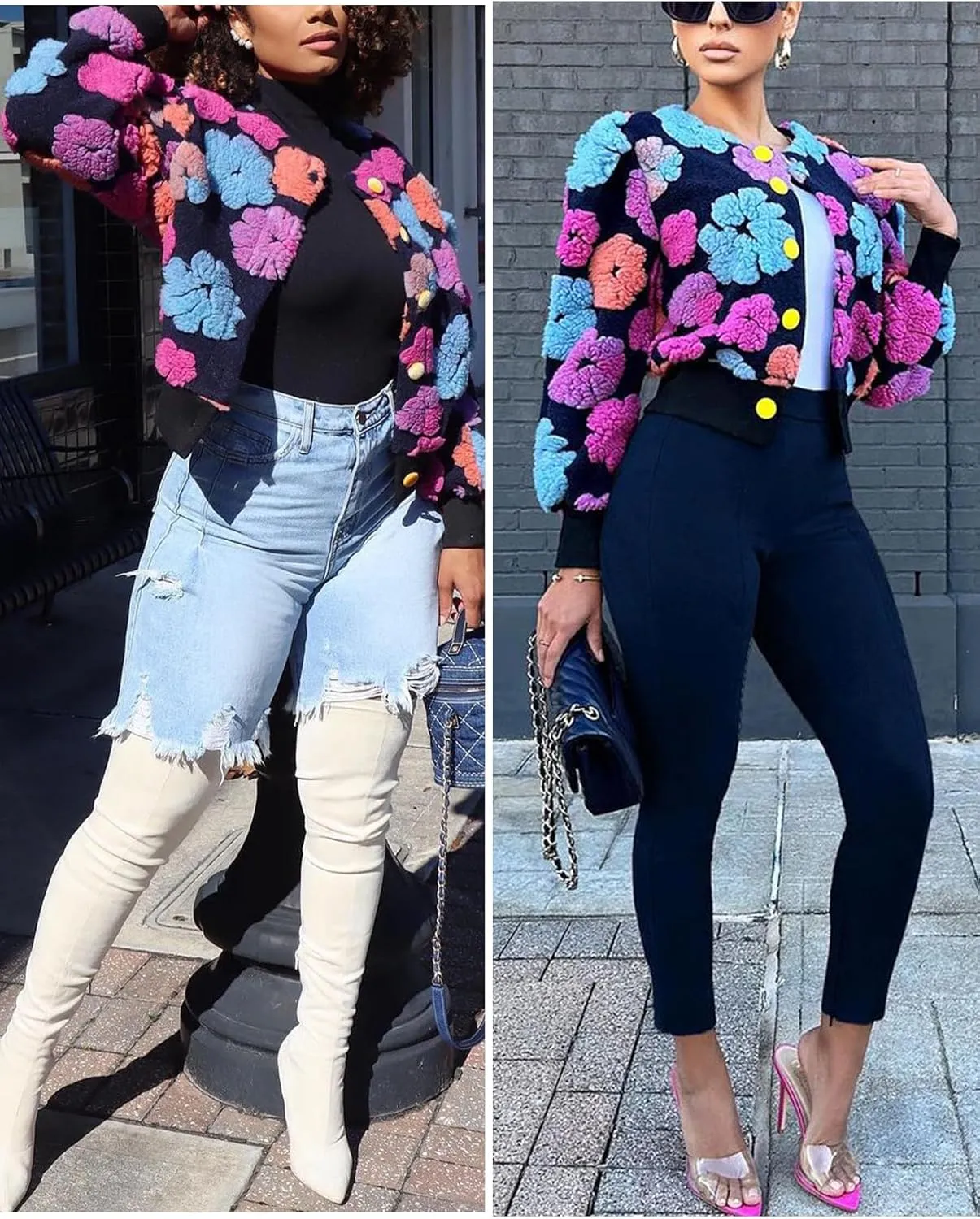 Yimoon Womens Cropped Floral Print Jacket Puff Sleeve Fleece Bomber Jacket Button Down Fall Winter Warm Outerwear