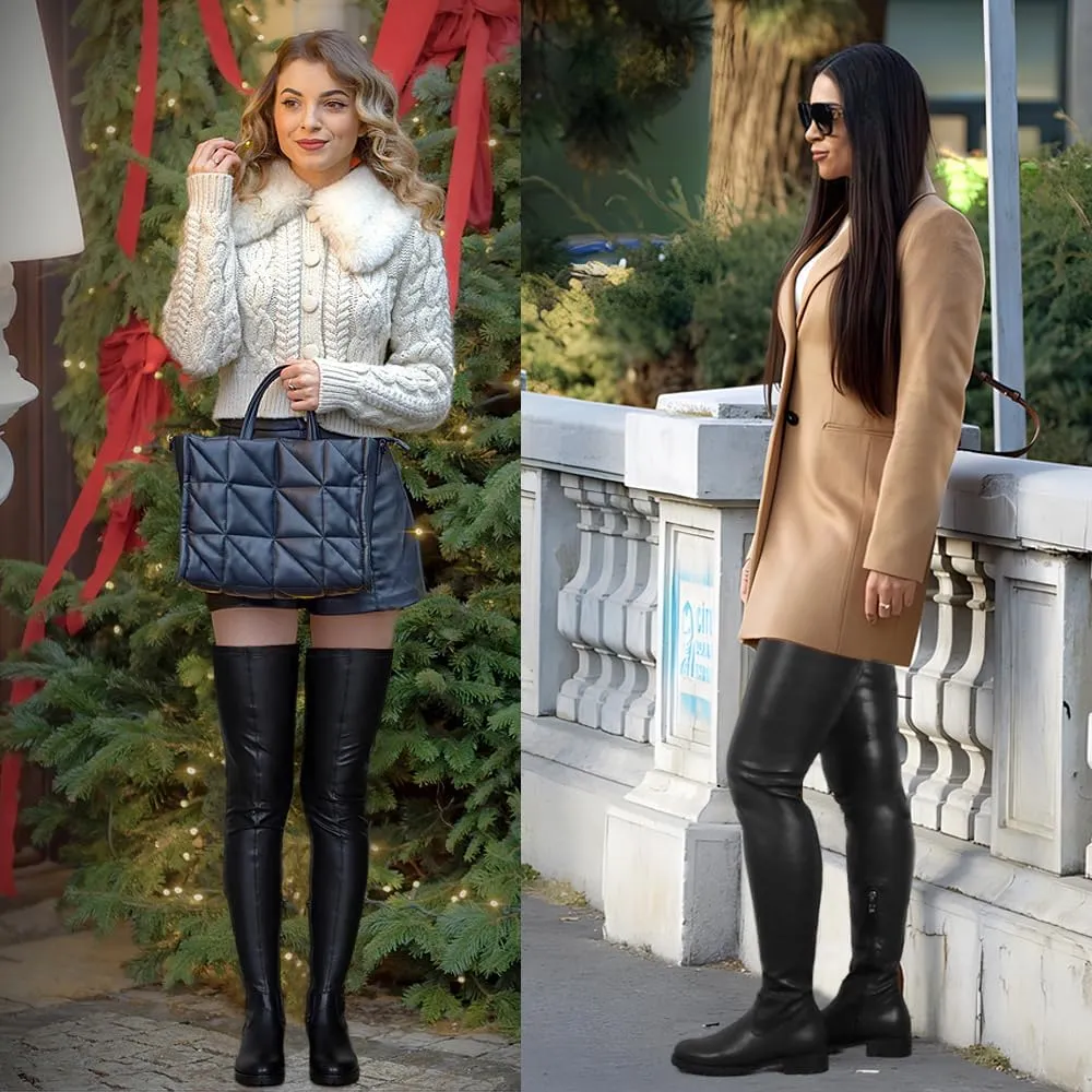 YING LAN Over the Knee High Boots for Women Sexy Zipper Round Toe Low Chunky Heel Faux Leather Surgical Stretch Riding Thigh High Boots