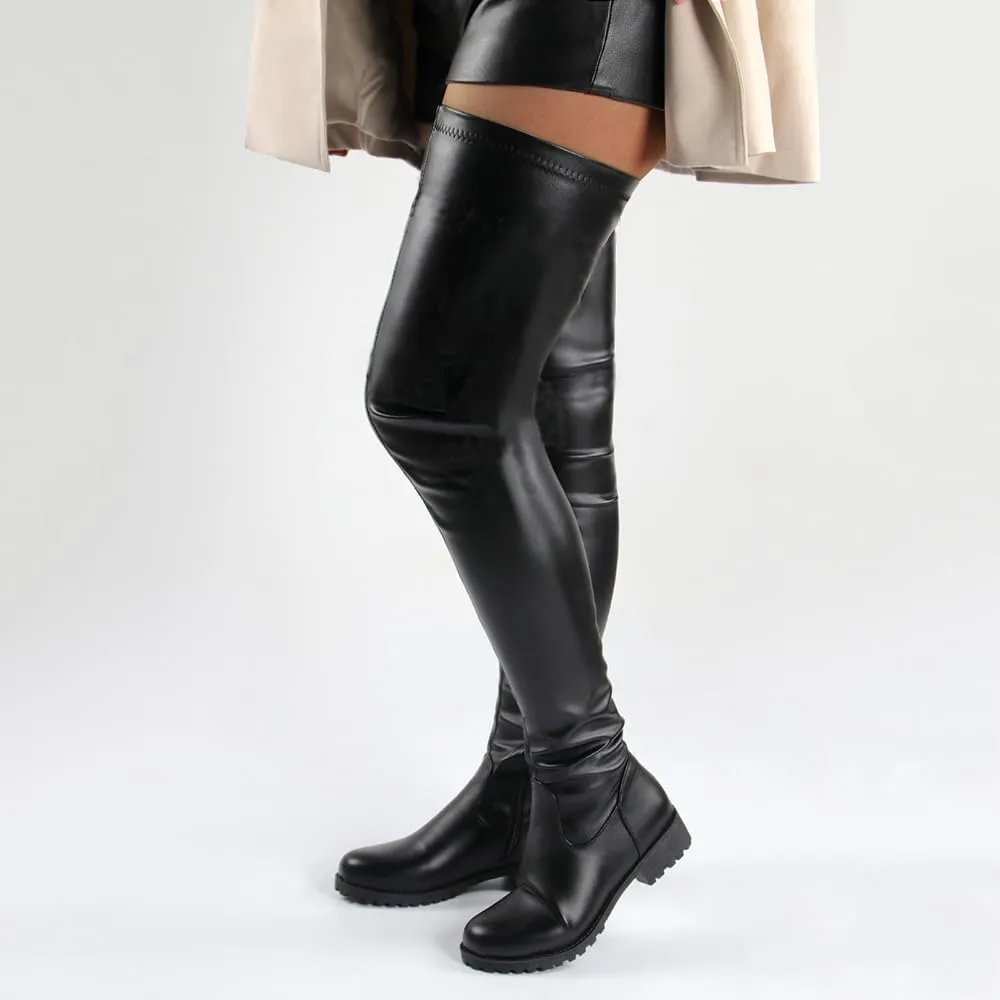 YING LAN Over the Knee High Boots for Women Sexy Zipper Round Toe Low Chunky Heel Faux Leather Surgical Stretch Riding Thigh High Boots