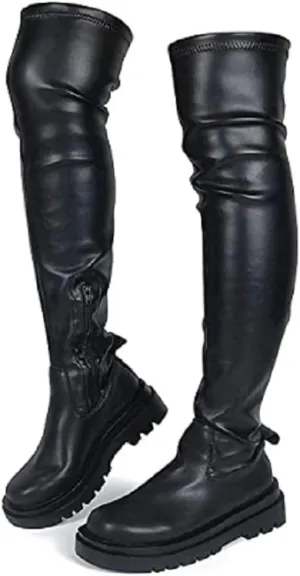 YING LAN Over the Knee High Boots for Women Sexy Zipper Round Toe Low Chunky Heel Faux Leather Surgical Stretch Riding Thigh High Boots