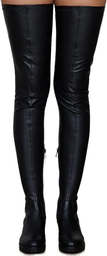 YING LAN Over the Knee High Boots for Women Sexy Zipper Round Toe Low Chunky Heel Faux Leather Surgical Stretch Riding Thigh High Boots