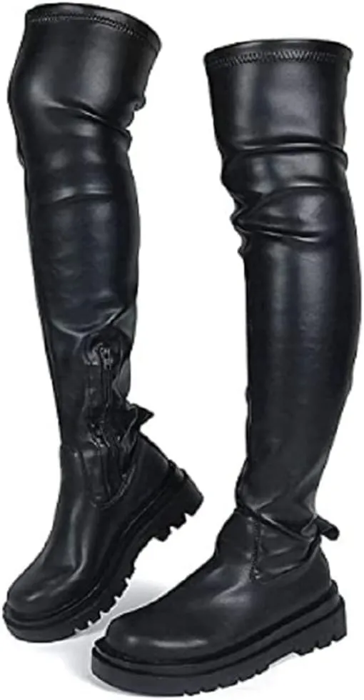YING LAN Over the Knee High Boots for Women Sexy Zipper Round Toe Low Chunky Heel Faux Leather Surgical Stretch Riding Thigh High Boots