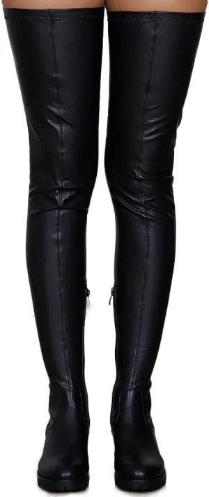 YING LAN Over the Knee High Boots for Women Sexy Zipper Round Toe Low Chunky Heel Faux Leather Surgical Stretch Riding Thigh High Boots