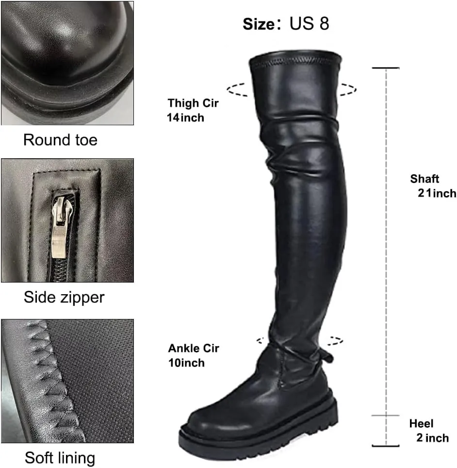 YING LAN Over the Knee High Boots for Women Sexy Zipper Round Toe Low Chunky Heel Faux Leather Surgical Stretch Riding Thigh High Boots