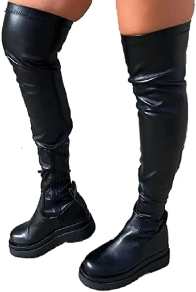 YING LAN Over the Knee High Boots for Women Sexy Zipper Round Toe Low Chunky Heel Faux Leather Surgical Stretch Riding Thigh High Boots