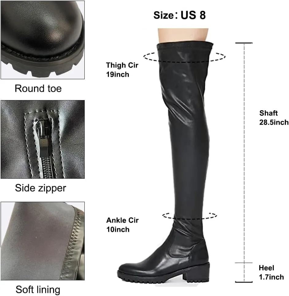 YING LAN Over the Knee High Boots for Women Sexy Zipper Round Toe Low Chunky Heel Faux Leather Surgical Stretch Riding Thigh High Boots